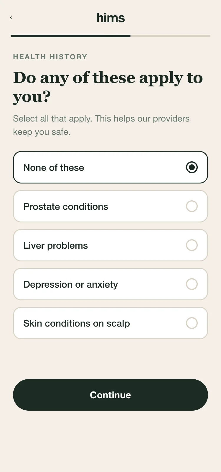 Q5 — Health History (Conditions Screener)