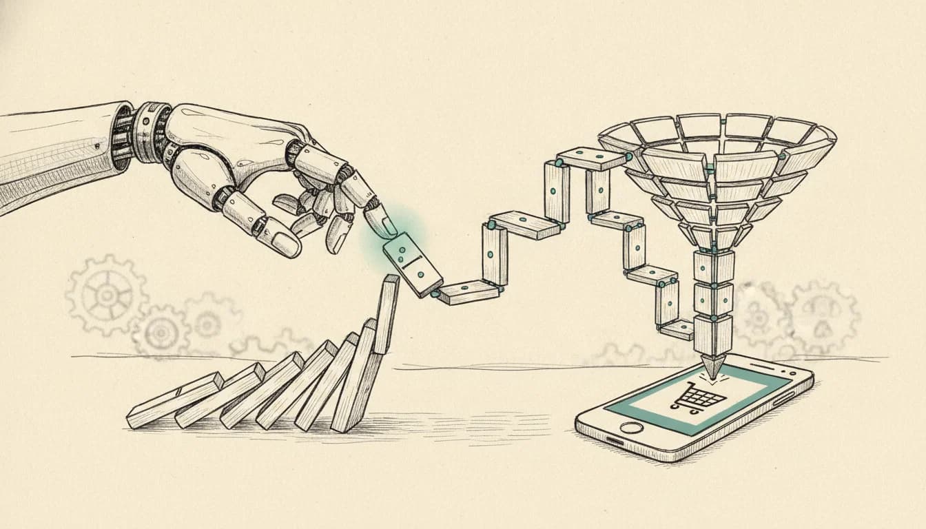 Pen-and-ink illustration of a robotic hand flicking a single domino that assembles into a complete quiz funnel flowing into a smartphone with a shopping cart