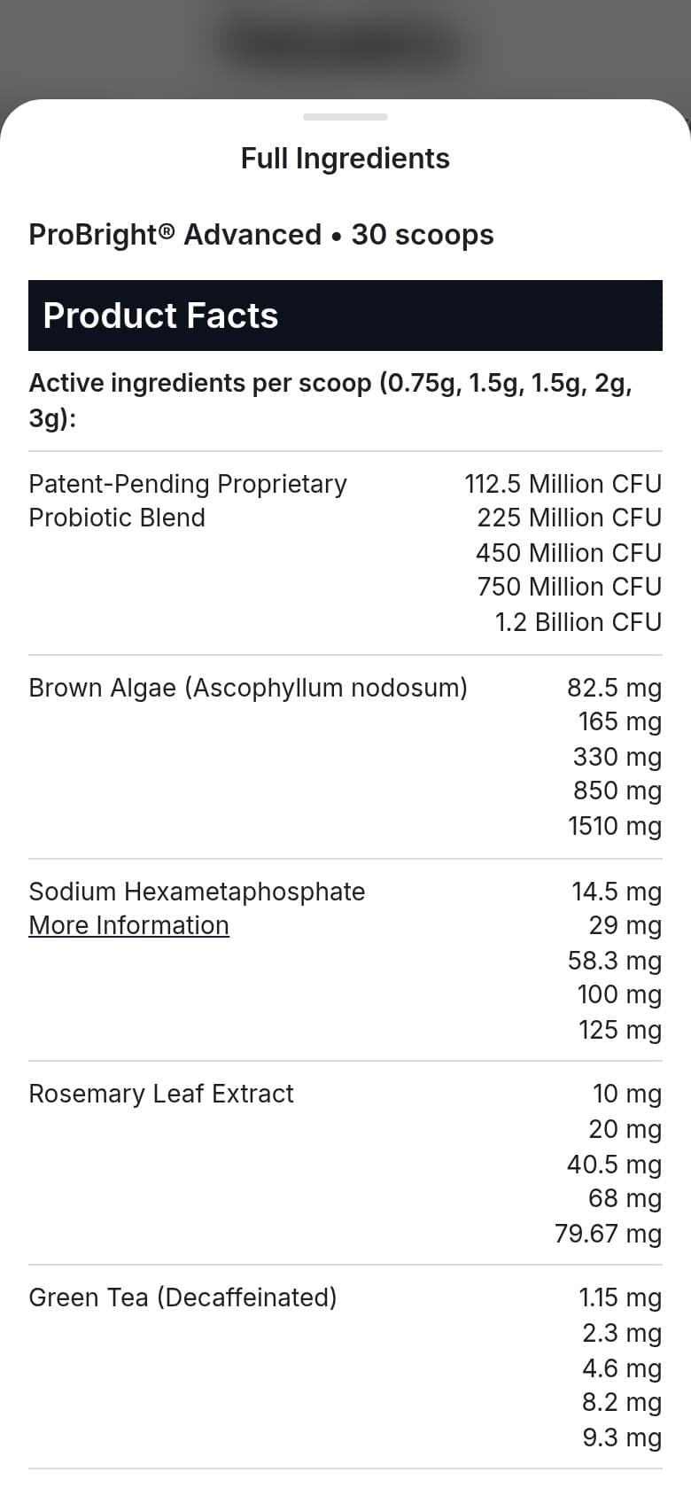 Sheet — Full Ingredients and Product Facts