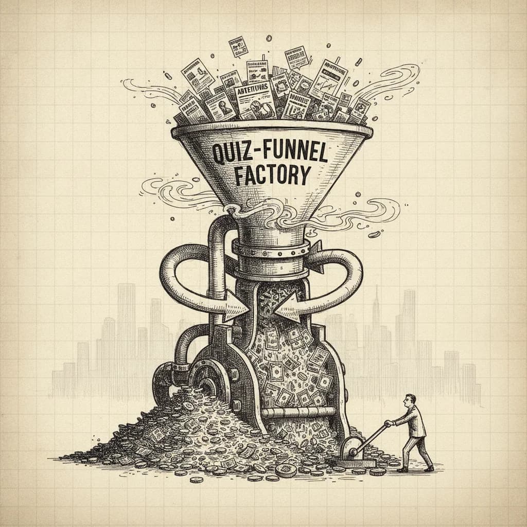 Pen-and-ink illustration of a giant 'quiz-funnel factory' machine ingesting ads and data through feedback-loop arrows and pouring out a pile of cash.