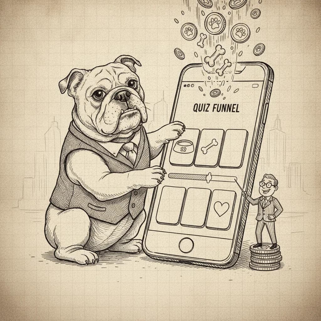 Pen-and-ink illustration of a bulldog in a suit tapping a giant smartphone quiz funnel as dog treats and coins rain down.