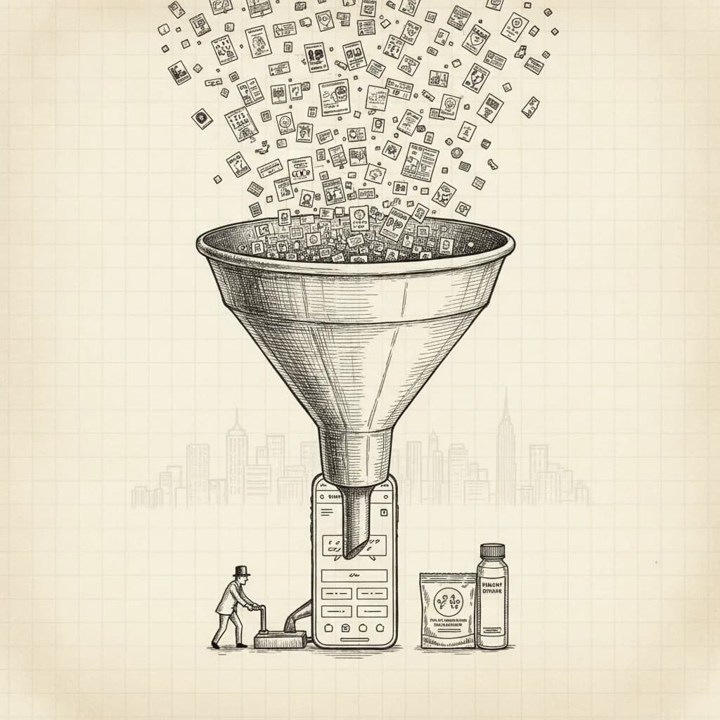 Pen-and-ink illustration of a giant funnel distilling thousands of ad creatives into a single clean smartphone quiz, beside a supplement sachet and bottle.