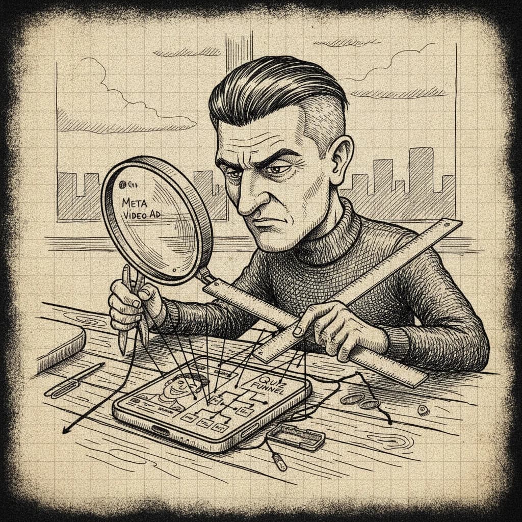 Ink illustration of a marketer using a magnifying glass and ruler to align a Meta video ad with a quiz funnel on a phone