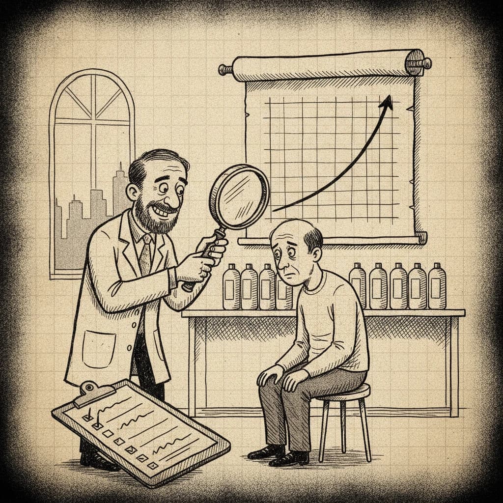 Ink illustration of a trichologist examining a man's thinning scalp with a magnifying glass beside a rising hair-growth chart and shampoo bottles