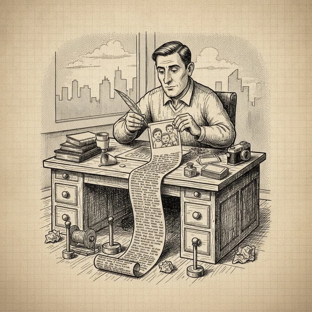Ink illustration of a copywriter assembling a Facebook-style post by pasting a snapshot photo atop a long scroll of copy