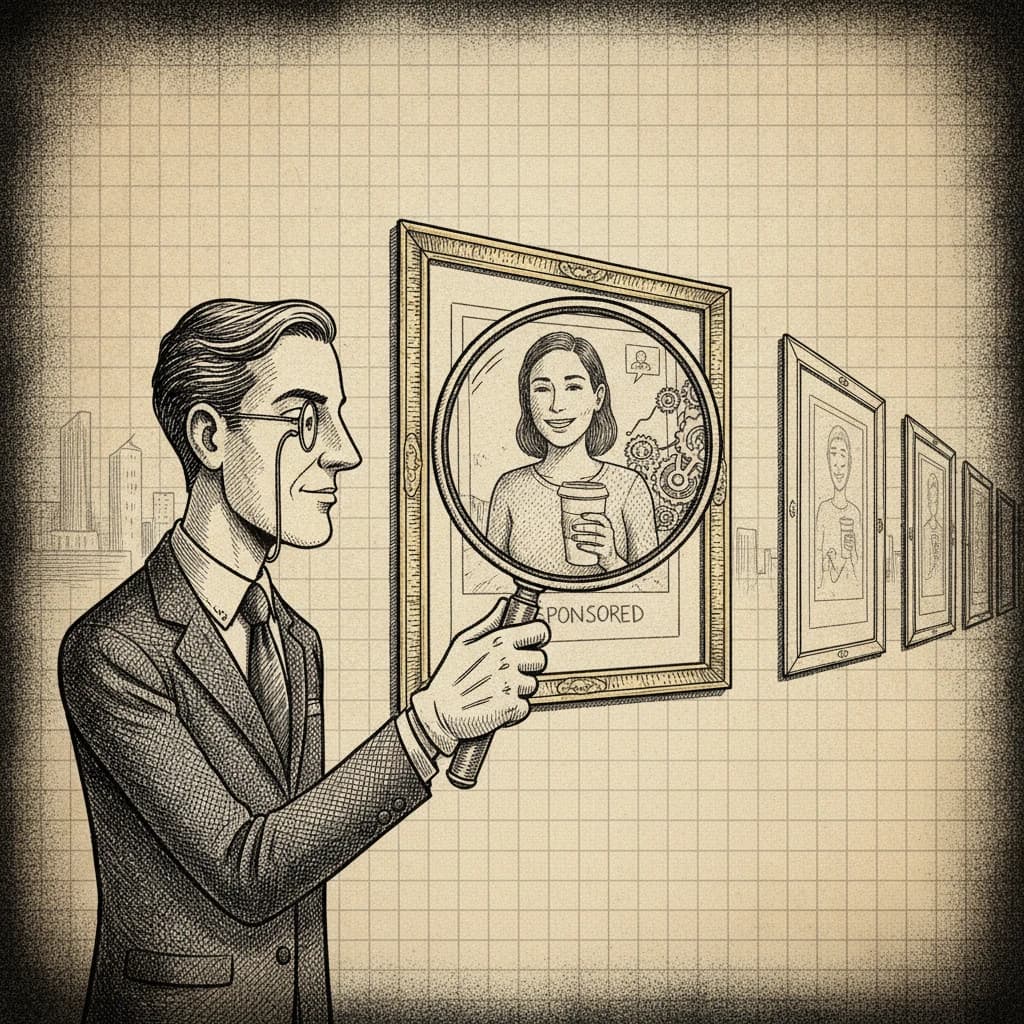Ink illustration of a curator using a magnifying glass to reveal the hidden sponsored mechanism behind a casual-looking framed social photo