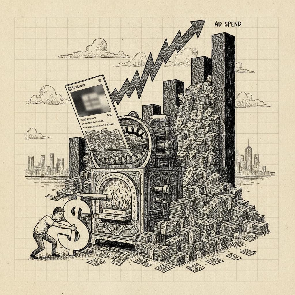 Ink illustration of a Facebook-style photo post fed into a cash-printing furnace beside a soaring ad-spend bar graph
