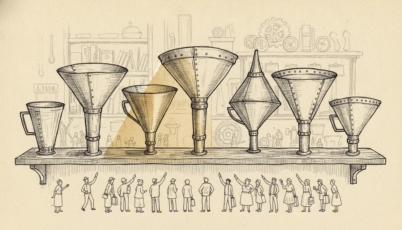 Pen-and-ink illustration of seven metal funnels on a shop shelf, one lit by a spotlight, with tiny shoppers pointing at it