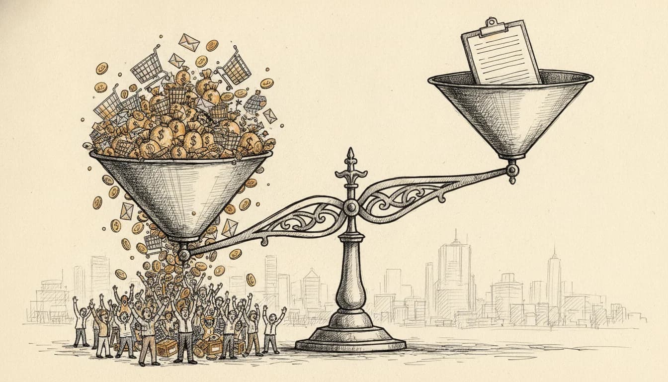 Pen-and-ink illustration of a balance scale: a funnel overflowing with shopping carts, coins and envelopes outweighs a funnel holding a stiff clipboard form