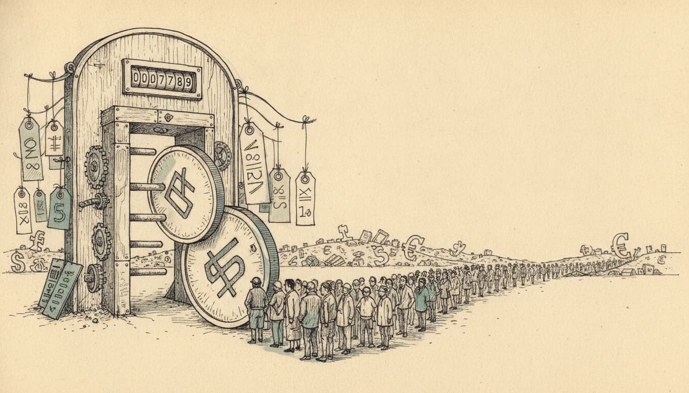Pen-and-ink illustration of a long queue of tiny people passing through a coin-operated turnstile with a tally counter and hanging price tags