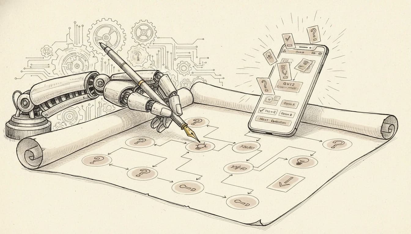 Pen-and-ink illustration of a robotic arm drawing a branching quiz funnel flowchart that assembles into a glowing smartphone quiz screen