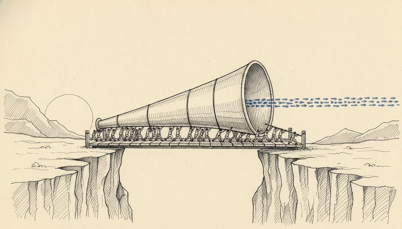 Pen-and-ink illustration of tiny workers carrying a giant funnel across a bridge while a stream of visitor arrows flows through it uninterrupted