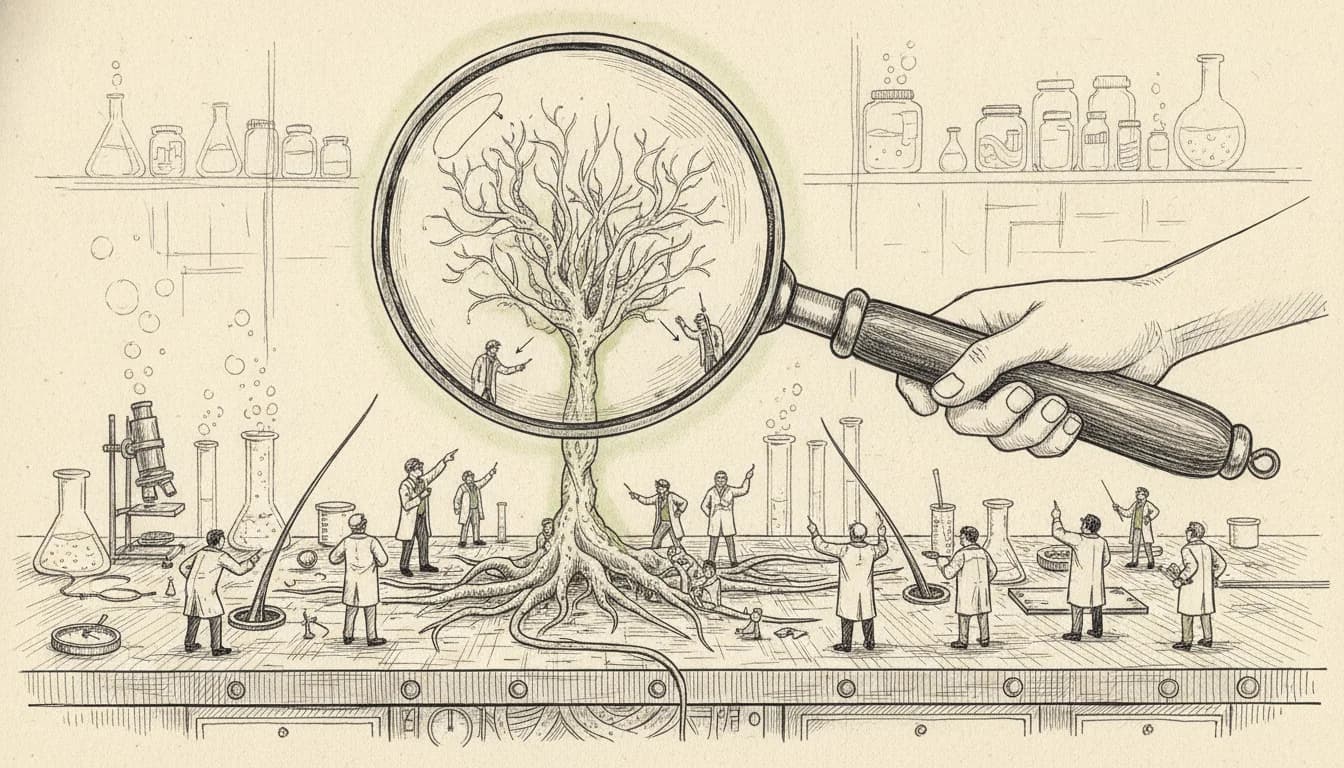 Hand-drawn ink illustration on cream paper: a magnifying glass held over a single falling strand of hair, revealing quiz answer cards inside the lens