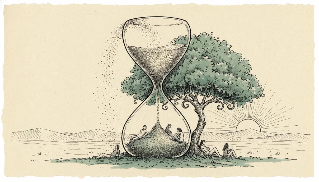 Hand-drawn ink illustration on cream paper of a nine-step winding quiz path spiraling into an hourglass, in the Clarflow house teardown cover style