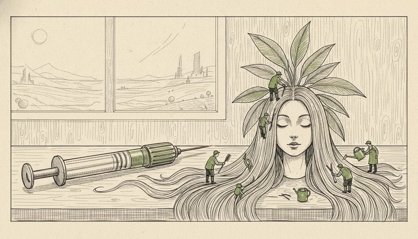 Hand-drawn ink-on-cream illustration of a woman's hairbrush beside an injection pen, with a winding quiz-funnel path of question cards flowing from the brush toward a serum bottle